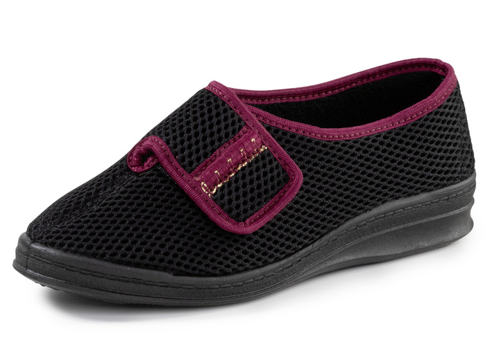 Hausschuhe - Klettschuh mit hübscher Bordüre, in Größe 036 bis 042, in Farbe SCHWARZ-BORDEAUX Ansicht 1