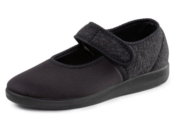 Hausschuhe - Spangenschuh aus weichem, teilweise meliertem Textilmaterial, in Größe 036 bis 042, in Farbe SCHWARZ Ansicht 1