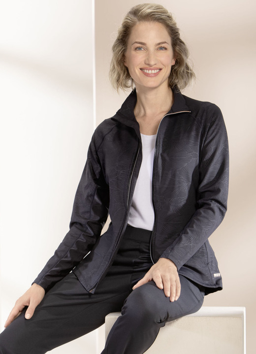 Freizeitanzüge - Sportjacke von „LPO“, in Größe 036 bis 046, in Farbe SCHWARZ MIT PRÄGEDRUCK Ansicht 1