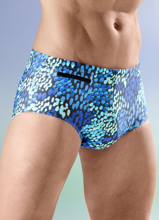 Badehosen - Badehose in höherer Slipform, in Größe 004 bis 010, in Farbe BLAU-SCHWARZ-BUNT