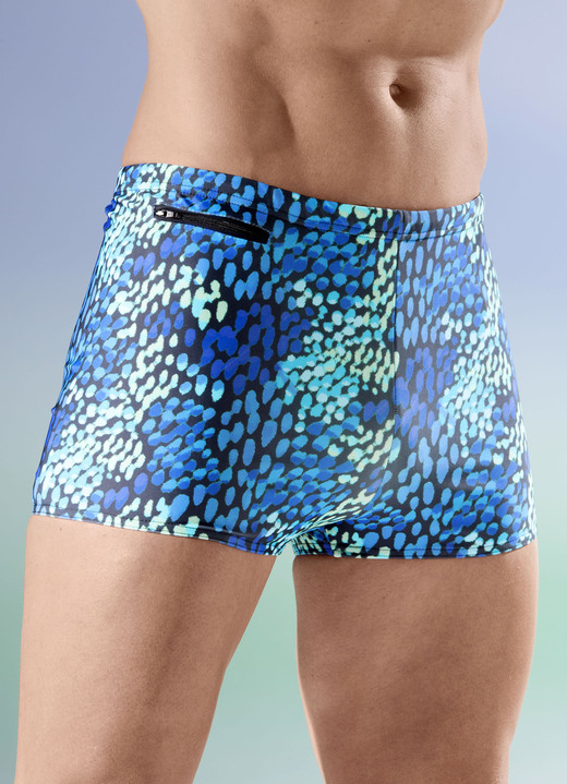 Badehosen - Badehose in höherer Kastenform, in Größe 004 bis 013, in Farbe BLAU-SCHWARZ-BUNT