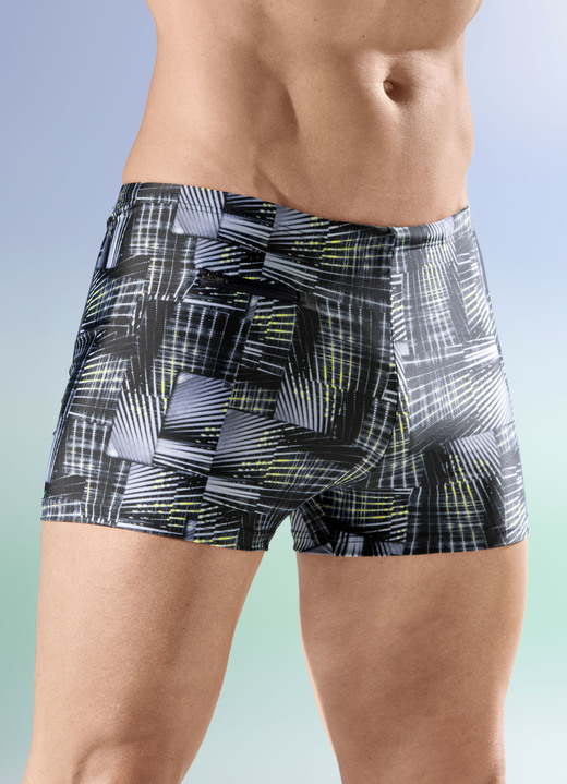 Badehosen - Schwab Badehose in höherer Kastenform, in Größe 005 bis 013, in Farbe SCHWARZ-GRAU-GELB