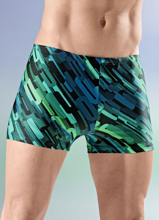 Badehosen - Schwab Badehose in höherer Kastenform, in Größe 005 bis 013, in Farbe SCHWARZ-GRÜN-BUNT