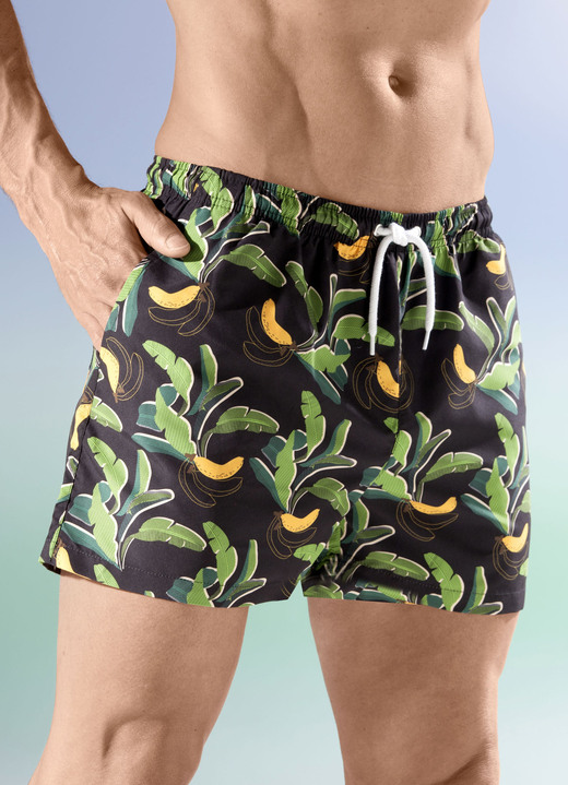 Badeshorts - Badeshorts, allover dessiniert, Microfaser, in Größe 004 bis 012, in Farbe SCHWARZ-GRÜN-BUNT