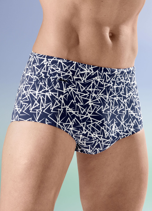 Badehosen - Badehose in höherer Slipform, in Größe 004 bis 010, in Farbe MARINE-WEISS
