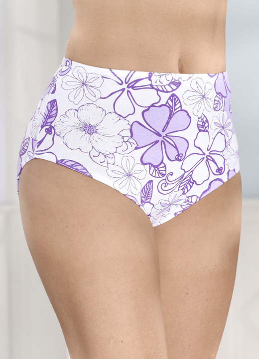 Slips - Sechserpack Slips mit Gummizug im Bund, in Größe 038 bis 056, in Farbe 2X WEISS-FLIEDER-LILA BEDRUCKT, 2X WEISS, 2X FLIED Ansicht 1