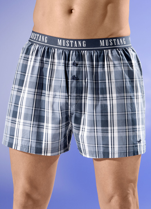 Pants & Boxershorts - Mustang Zweierpack Boxershorts mit Elastikbund, in Größe 004 bis 008, in Farbe 1X BLAU-WEISS, 1X UNI RAUCHBLAU Ansicht 1