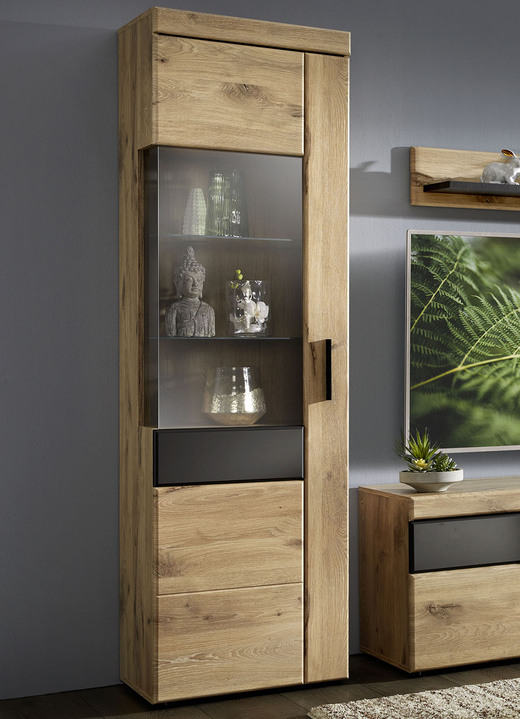 Wohnen - Vitrine mit anthrazitfarbenen Elementen, in Farbe EICHE-ANTHRAZIT, in Ausführung Vitrine 1-türig, Türanschlag links Ansicht 1