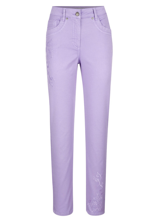 Hosen mit Knopf- und Reißverschluss - Hose mit floraler Stickerei, in Größe 019 bis 048, in Farbe FLIEDER Ansicht 1