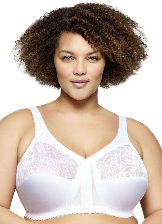 BH ohne Formbügel - Glamorise Stütz-BH mit Vorderverschluss, in Größe 085 bis 130, in Cup H, in Farbe WEISS Ansicht 1