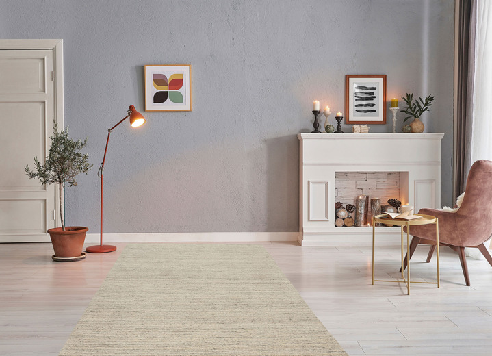 Modern - Handgewebte Brücken und Teppiche aus 100% Schurwolle, in Größe 101 (Brücke, 40x 60 cm) bis 308 (Teppich rund, ø 190 cm), in Farbe GRAUBEIGE Ansicht 1