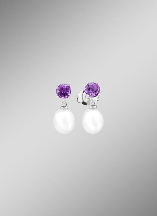 Ohrschmuck - Ohrstecker mit Süßwasser-Zuchtperle und Amethyst, in Farbe  Ansicht 1