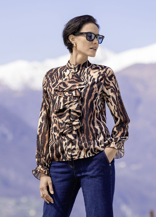 Blusen - Bluse mit verspielten Volants, in Größe 036 bis 052, in Farbe SCHWARZ-BRAUN-BEIGE Ansicht 1