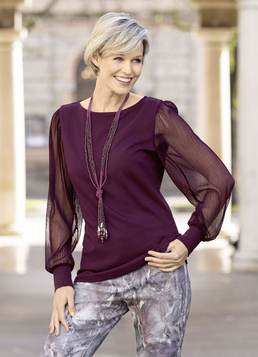 Langarm - Shirt mit langen, plissierten Chiffonärmeln Langarm - Shirt mit langen, plissierten Chiffonärmeln, in Größe 036 bis 052, in Farbe BORDEAUX