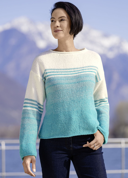 Pullover - Pullover mit Ringelmuster, in Größe L(44/46) bis XS(32/34), in Farbe ECRU-TÜRKIS MELIERT Ansicht 1