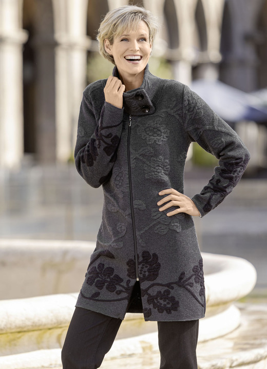Strickjacken - Long-Strickjacke mit Cloqué-Effekten, in Größe 038 bis 054, in Farbe ANTHRAZIT-SCHWARZ Ansicht 1