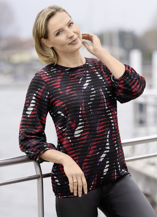 3/4-Arm - Shirt mit Alloverdruck, in Größe 038 bis 054, in Farbe SCHWARZ-ROT-ECRU