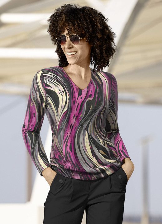 Pullover & Strickmode - Pullover in Feinstrick, in Größe 038 bis 054, in Farbe SCHWARZ-BEIGE-MAGENTA Ansicht 1
