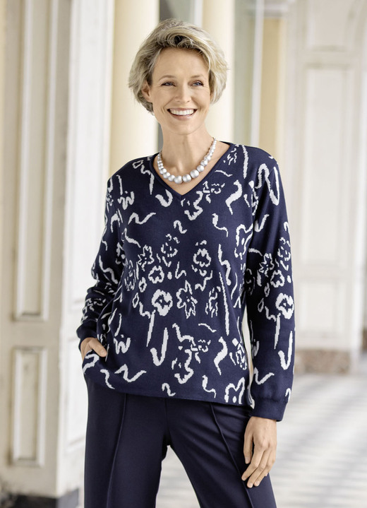 Pullover & Strickmode - Pullover in Jacquard-Dessin, in Größe 038 bis 054, in Farbe MARINE-WOLLWEISS Ansicht 1