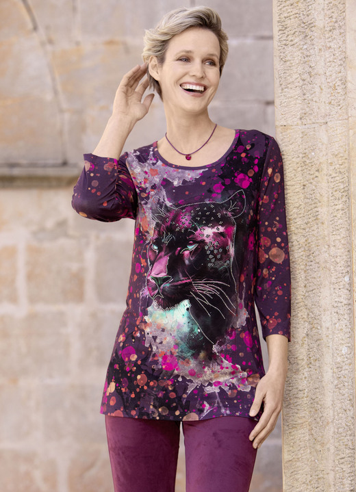 3/4-Arm - Shirt mit Strasszier im Vorderteil, in Größe 038 bis 054, in Farbe LILA-PINK-SCHWARZ