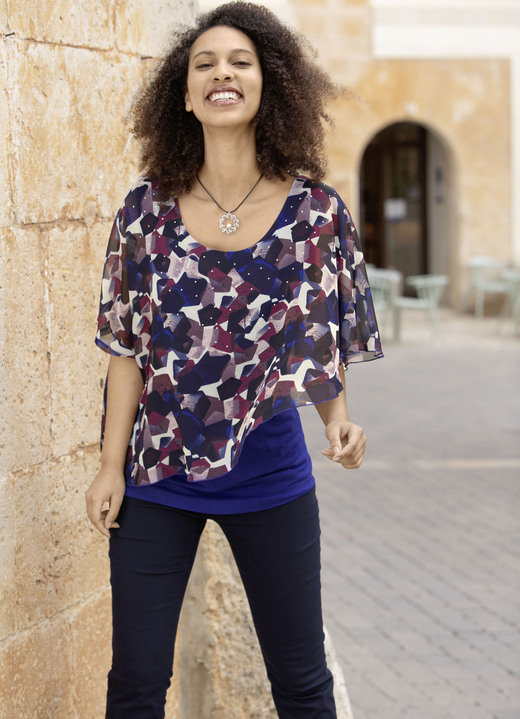 Tuniken - Poncho-Tunika mit tollem Druck, in Größe 036 bis 054, in Farbe ROYALBLAU-MARINE-BORDEAUX-BUNT Ansicht 1