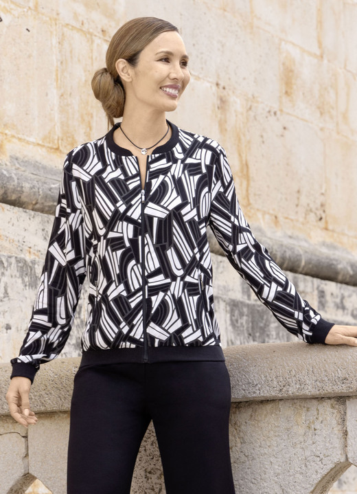 Blusen - Blusenjacke mit schwarzen Rippenbündchen, in Größe 036 bis 052, in Farbe SCHWARZ-WEISS-GRAU Ansicht 1