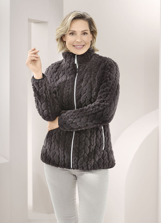 Kurz - Fleecejacke mit Zopfmuster, in Größe 3XL bis XXL, in Farbe BRAUN Ansicht 1