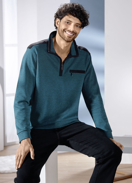 Sweatshirts - Troyer mit Brusttasche, in Größe 046 bis 062, in Farbe PETROL MELIERT Ansicht 1