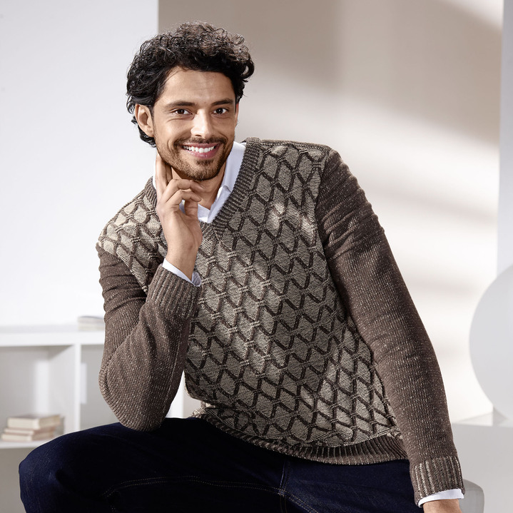Gemustert -  Melierter V-Pullover, in Größe 046 bis 062, in Farbe BEIGE-BRAUN MELIERT Ansicht 1