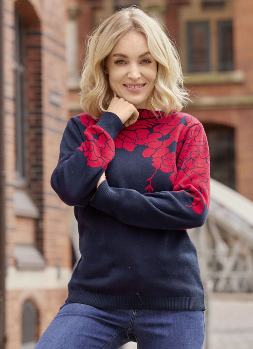 Laura Kent - Pullover mit floralen Jacquardakzenten, in Größe 038 bis 054, in Farbe MARINE-ROT Ansicht 1
