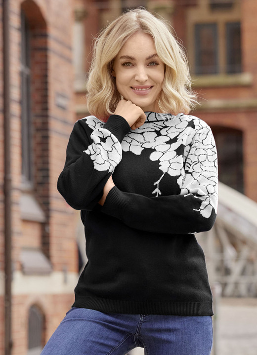 Laura Kent - Pullover mit floralen Jacquardakzenten, in Größe 038 bis 054, in Farbe SCHWARZ-WEISS Ansicht 1