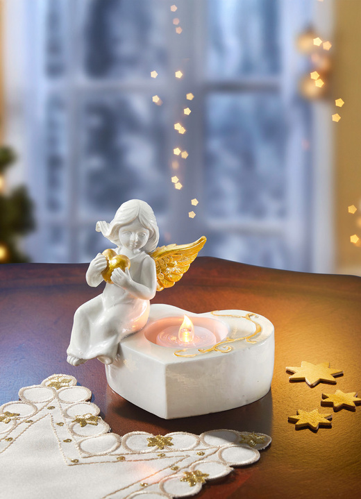 Weihnachtliche Dekorationen - Teelichthalter mit Engel, in Farbe WEISS-GOLD