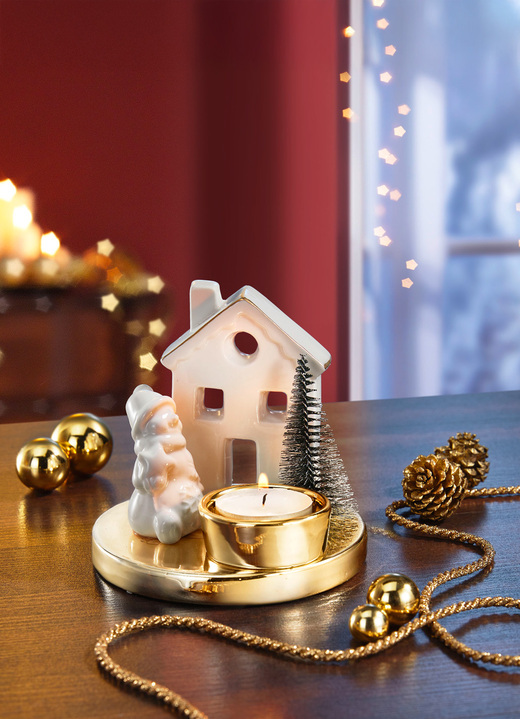 Weihnachtliche Dekorationen - Teelichthalter aus Keramik, in Farbe WEISS-GOLD-GRÜN