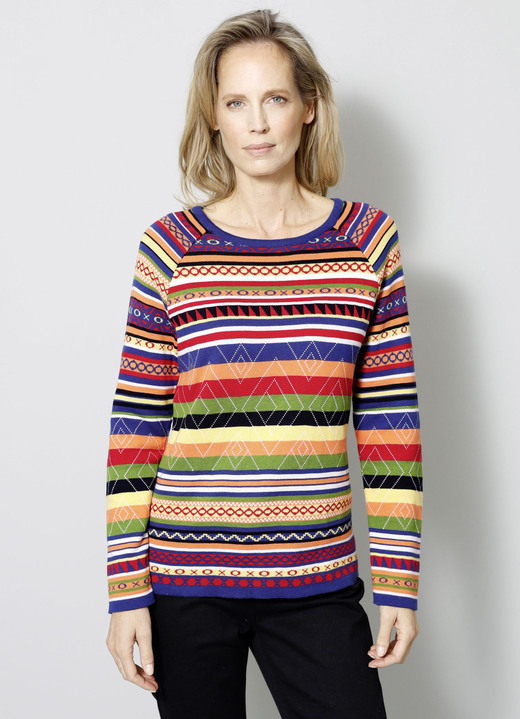 Langarm - Pullover in Jacquard-Dessin, in Größe 038 bis 052, in Farbe ROT-BLAU-GRÜN Ansicht 1