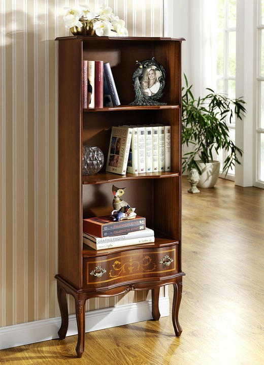 - Bücherregal mit hochwertigen Intarsienverzierungen, in Farbe NUSSBAUM