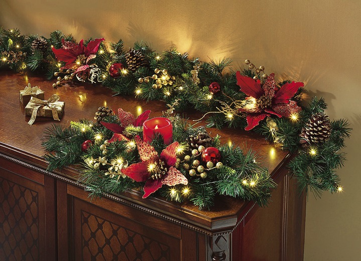 - Weihnachtliche-Deko-Accessoires, in Farbe GRÜN-ROT, in Ausführung Beleuchtetes Tischgesteck