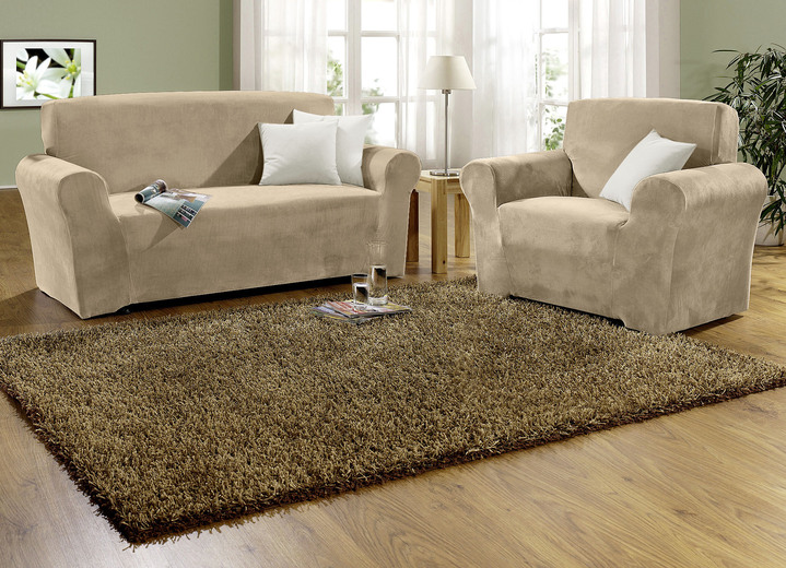 Sessel- & Sofaüberwürfe - Stretchbezüge mit Fleckschutz, in Größe 101 (Sesselbezug) bis 905 (Kissenbezug, 40x40 cm), in Farbe CAMEL Ansicht 1