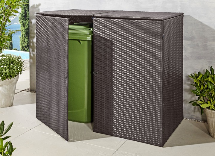 Gartengeräte und Zubehör - Doppel-Mülltonnenschrank mit witterungsbeständigem Kunststoffgeflecht, in Farbe ANTHRAZIT, in Ausführung Für 2 kleine Tonnen Ansicht 1