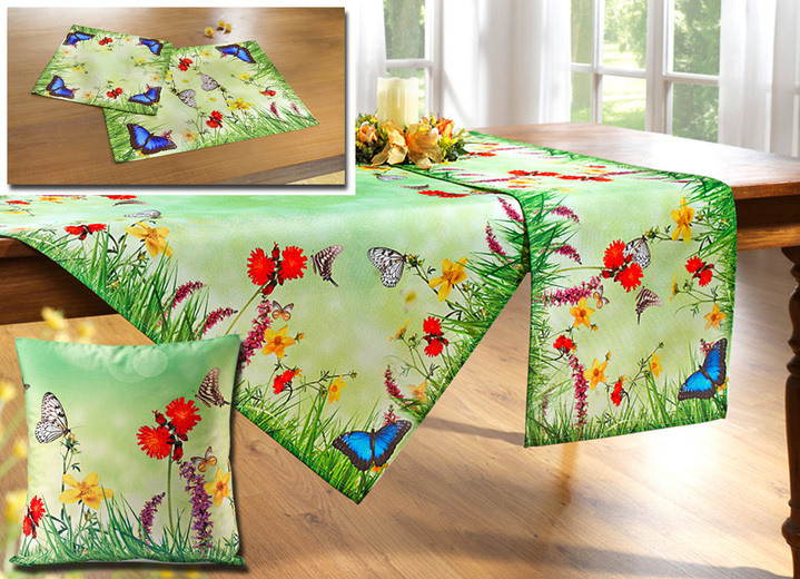 Tischdecken - Tisch- und Raumdekoration mit Schmetterlings-Motiven, in Größe 101 (Läufer, 35x 50 cm) bis 404 (2 Kissenhüllen, 40x 40 cm), in Farbe BUNT