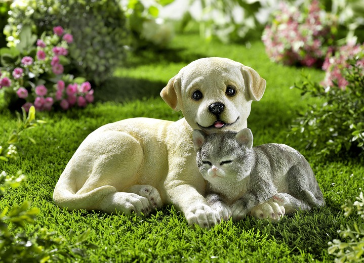 Gartendekoration - Hund und Katze aus Polyresin , in Farbe BEIGE-GRAU-WEISS
