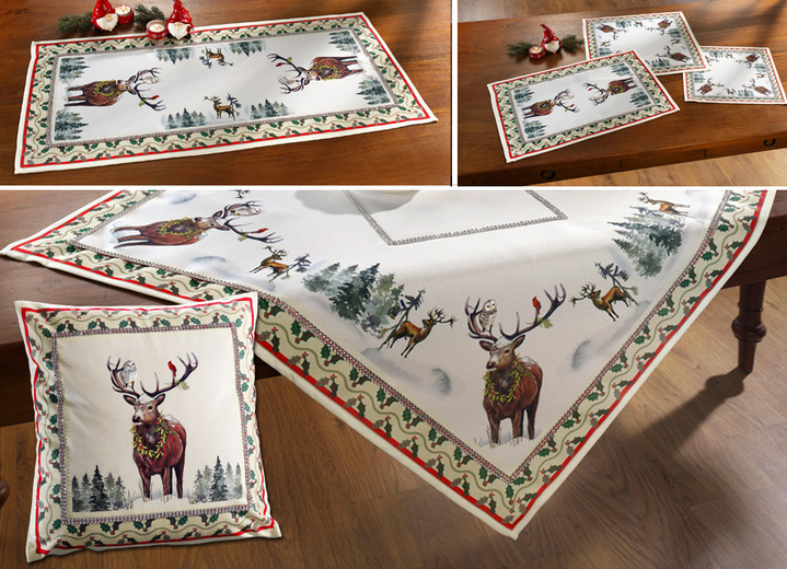 Weihnachten - Tisch- und Raumdekoration mit Glitzerstein-Bordüre, in Größe 101 (Deckchen, 35x 50 cm) bis 404 (Kissenbezug, 40x 40 cm), in Farbe WEISS