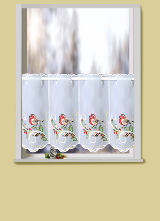 Kurzgardinen - Kurzstore mit echter Plauener Stickerei und Stangendurchzug, in Größe 822 (H35xB 80 cm) bis 862 (H55xB144 cm), in Farbe WEISS-BUNT Ansicht 1