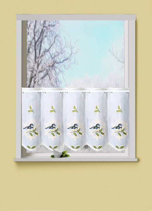 Kurzgardinen - Kurzstore Blaumeise mit Plauener Stickerei und Stangendurchzug, in Größe 788 (H40xB 95 cm) bis 792 (H40xB160 cm), in Farbe WEISS-BUNT Ansicht 1