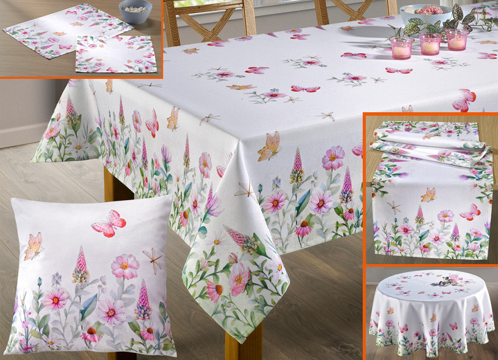 - Floral gestaltete Wohn-Accessoires, in Größe 130 (2 Deckchen, 30x 30 cm) bis 200 (Tischdecke, m. Mittelteil 130x170 cm), in Farbe BUNT