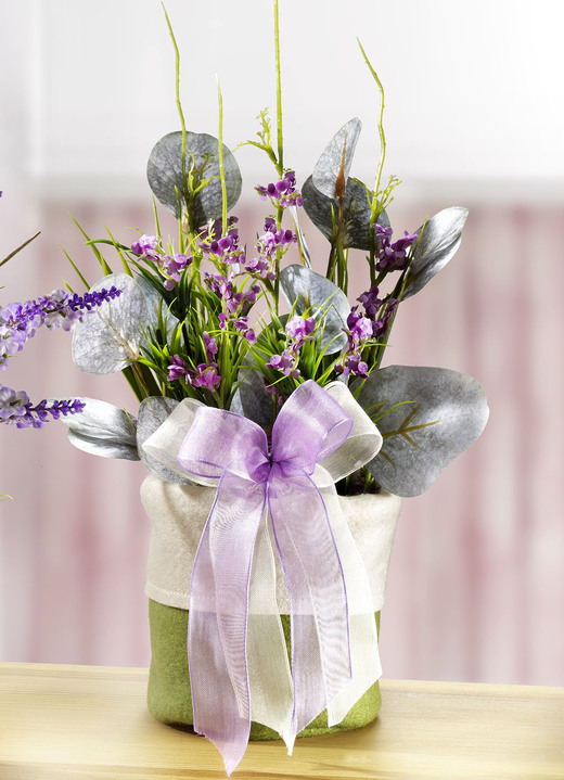 Osterkränze & -gestecke - Frühlingsgesteck mit Blumen und Gräser im Filzbeutel, in Farbe GRÜN, in Ausführung Gesteck mit lila Blüten Ansicht 1