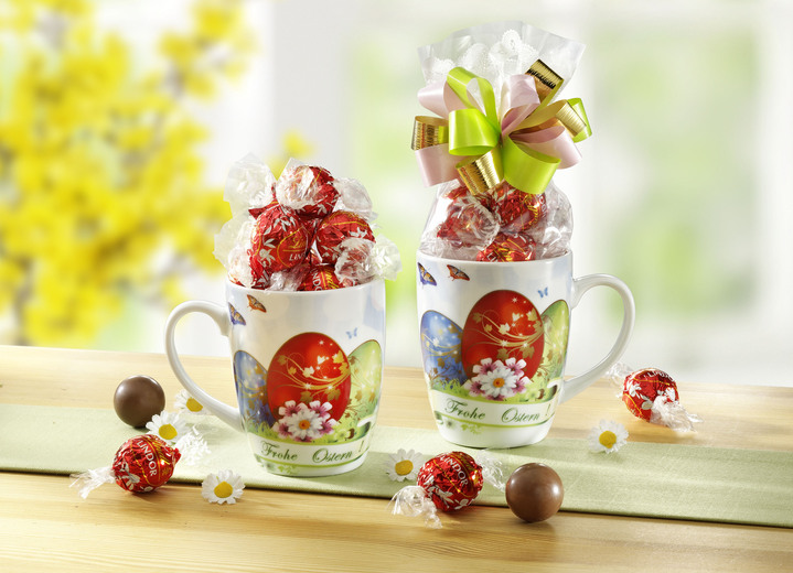 Ostern - Porzellan-Tasse mit Lindor-Kugeln, in Farbe