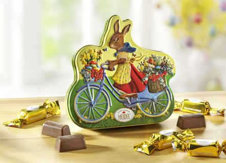 Dose aus Metall mit Motiv Hase auf Fahrrad
