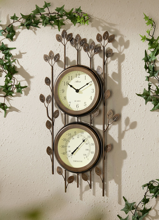 Gartendekoration - Batteriebetriebene Wanduhr mit Thermometer, in Farbe BRAUN