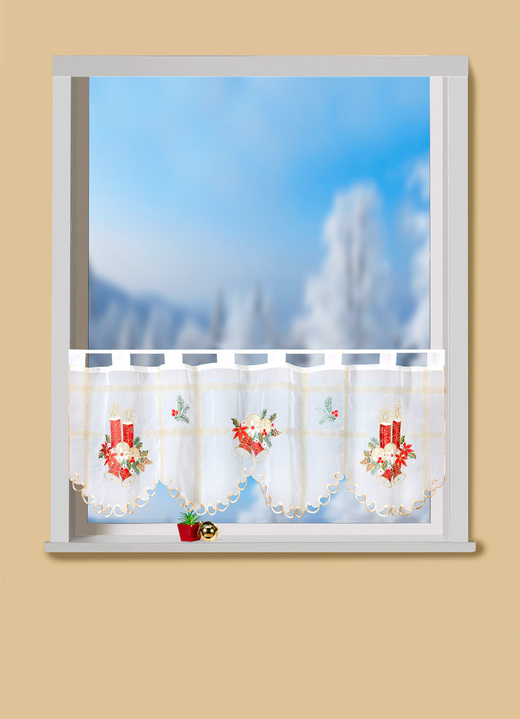 - Weihnachtlicher Kurzstore mit goldenen Glanzgarnverzierungen, in Größe 786 (H45xB 85 cm) bis 788 (H45xB115 cm), in Farbe WEISS-BUNT