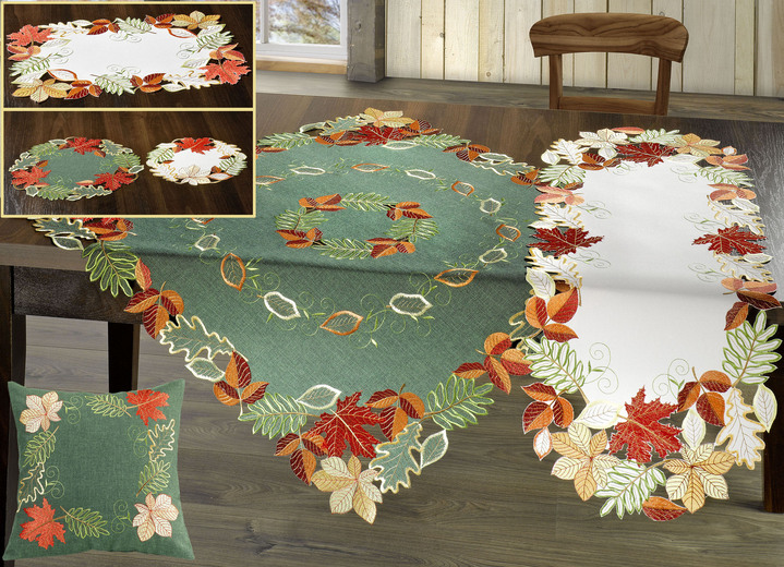 Dekokissen & Hüllen - Herbstliche Tisch- und Raumdekoration mit Blattmotiven, in Größe 101 (Deckchen, 35x 50 cm) bis 404 (Kissenbezug, 40x 40 cm), in Farbe WEISS-BUNT Ansicht 1